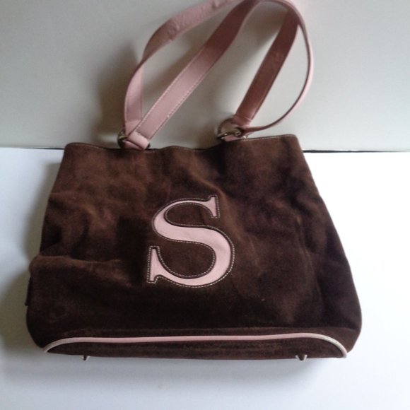 Retro Suede Handbag Tote Letter Initial "S" - Suzy Sandra Samantha Sally - Picture 1 of 6